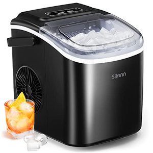 lot 59 image: Silonn Countertop Ice Maker, 9 Cubes Ready in 6 Mins, 26lbs in 24Hrs, Self-Cleaning Ice Machine with Ice Scoop and Basket, 2 Sizes of Bullet Ice for Home Kitchen Office Bar Party, Black NEW