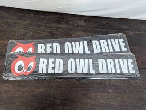 Pair Of Red Owl Drive Metal Signs