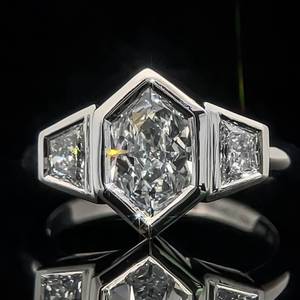 1.54 Carat Diamond Three Stone Ring, Exclusive Duchess Cut & Cadillac Cut Bezel Ring in Platinum - VVS ClarityE-F Color $8650 Retail VIDEO