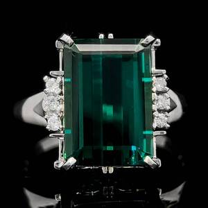 Rare Estate Find 6.16 Carat Natural Green Tourmaline Emerald Cut & Diamond Cluster Cocktail Ring in Platinum 900 $5240 Retail VIDEO