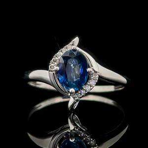 1.05 Carat Oval Natural Blue Sapphire Solitaire & Diamond Swirling Halo Curved Ring in 14k White Gold $1850 Retail VIDEO