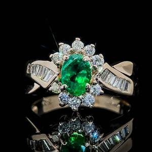 1.25 Carat Oval Natural Emerald & Baguette & Round Diamond Cluster Cocktail Ring in 14k Yellow Gold $1999 Retail VIDEO
