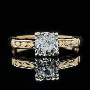White Sapphire Round Brilliant Solitaire Geometric Band Retro Engagement Ring in 14k & 18k Two-Tone Gold $899 Retail