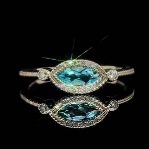East-West Marquise Blue Topaz & Diamond Halo Asymmetrical Stacking Ring in Yellow Gold $1250 Retail