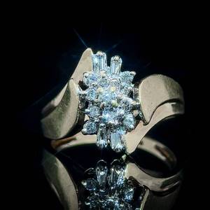 12 Carat Diamond Round & Baguette Cluster Flower Petal Bypass Estate Ring Yellow Gold $1299 Retail