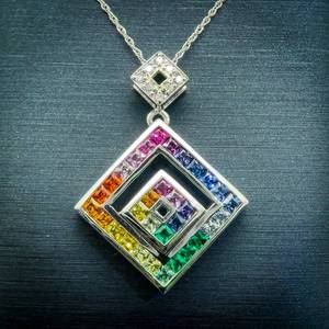 1.75 Carat Natural Rainbow Sapphire & Diamond Geometric Double Drop Pendant Necklace in White Gold $2450 Retail VIDEO