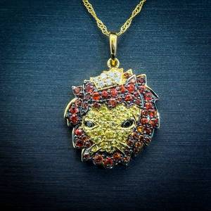 Fancy Diamond, Orange & Yellow Sapphire Pave Crowned Lion Pendant Estate Necklace in 18k Yellow Gold $2499 Retail VIDEO