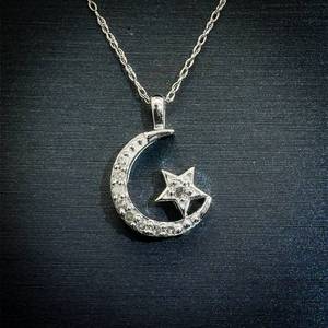 Diamond Pave Crescent Moon & Lucky Star Pendant Necklace in White Gold $899 Retail