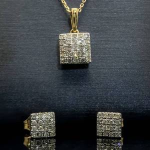 12 Carat Diamond Square Stud Earrings & Necklace Matching Jewelry Set in Yellow Gold $1760 Retail VIDEO