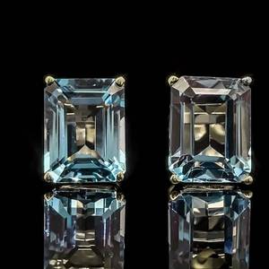 Blue Topaz Emerald Cut Solitaire Stud Estate Earrings in 14k Yellow Gold VIDEO