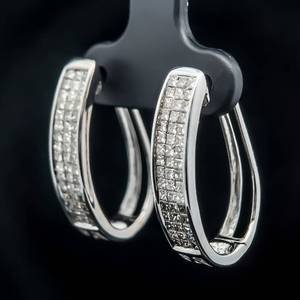2 Carat Diamond Princess Cut Channel Large Oblong Oval Hoop Earrings in 14k White Gold, Excellent Condition $4200 Retail VIDEO