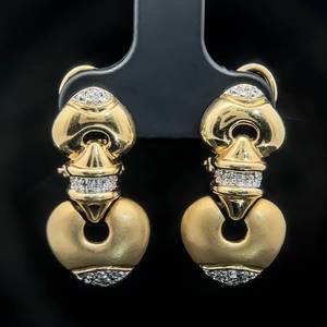 Diamond Pave Double Door Knocker Dangle Earrings in 14k Yellow Gold Satin & Bright Shine Finish $1999 Retail