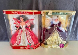 lot 120 image: Lot of 2 Happy Holidays Collectors Barbie Dolls in Box. 