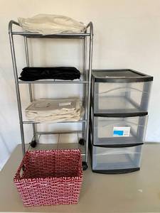 lot 136 image: Lot of Storage Solutions-Storage Drawers, 2 Hanging Closet Organizers, Wicker Bin and More