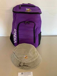 lot 141 image: Minnesota Vikings Autographed Bucket Hat and Backpack