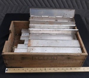 lot 92 image: VINTAGE WOODEN CRATE FILLED WITH COOL METAL HINGED CONTAINERS
