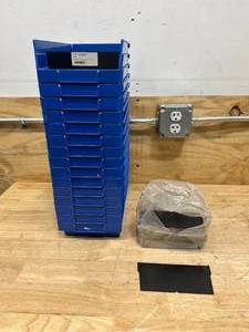 lot 37 image: QUANTUM STORAGE SYSTEMS Lot of 15 Parts Bins (QSB 102) with a Stack of Dividers