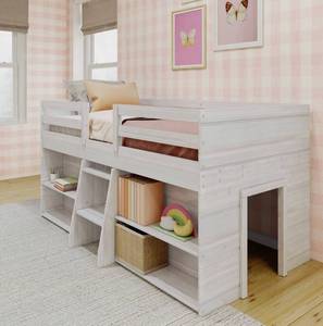 lot 120 image: MAX & LILY Modern Farmhouse Low Loft Bed, Twin Bed Frame for Kids with 2 Bookcases, White Wash