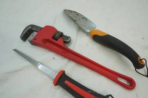 Garden shovel, 14 wrench, Knife