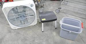 lot 45 image: 3 good household items, fan, step stool and mop bucket