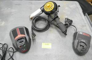 lot 120 image: Wagner Heat gun 1680W and 2 Bosch chargers