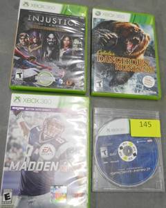 lot 145 image: FOUR XBOX 360 games - Injustice, Madden, Dangerous Hunts, Spiderman