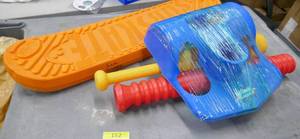 lot 152 image: Kids T-ball set, a nerf surf board, and a play metal detector