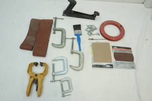 Clamps, plane, sand paper, painting brush