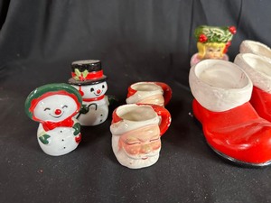 lot 348 image: Adorable Christmas Hand Painted Ceramic Santa Boots, Mini Santa Mugs, Salt and Pepper Shakers