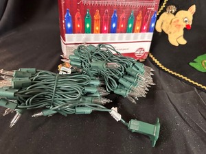 lot 350 image: Vintage Christmas Stocking, Tissue Box Cover, Miniature Tree with Ornaments, and Icicle lights