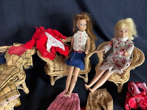 lot 377 image: Vintage 1960s Mattel Barbie and Skipper Doll with Handmade Clothes and Wicker Furniture