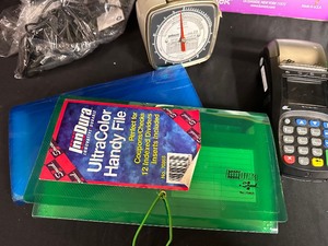 lot 439 image: Office Set up - Screen Magnigier, Postage Scale, Handy Files, Three-Hole Punch, and Calculator