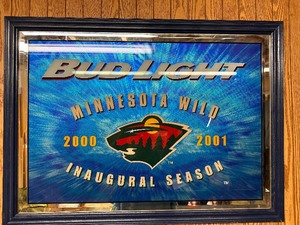 lot 445 image: Minnesota MN Wild NHL Bud Light Mirror - Inaugural Season 2000-2001 30 x 22