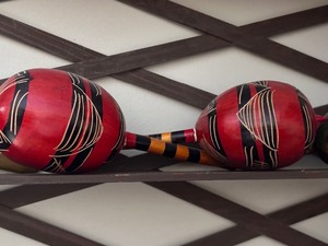 lot 490 image: Two Vintage Pairs of Carved Painted Maracas