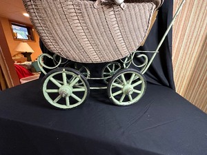 lot 382 image: Vintage Childs Wicker and Metal Doll Stroller