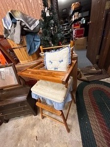 lot 384 image: Vintage Doll Furniture - Dresser, Bed and Highchair