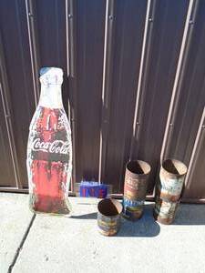 lot 115 image: Coca Cola cardboard stand up display & vintage oil company cans. As shown.