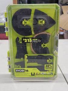 lot 33 image: RYOBI 16-Piece Oscillating Multi-Tool Blade Accessory Set - Missing 3 of the Sand Paper pads, Looks to be slightly used.