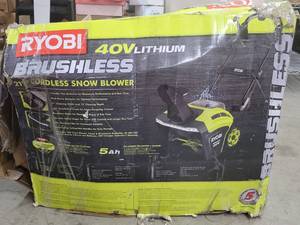 lot 49 image: RYOBI RY40860 21 in. 40-Volt Brushless Cordless Electric Snow Blower with Two 5.0 Ah Batteries and Charger Included - NEW, One Handle Lock Is Broken, WORKS and Runs Great