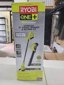 lot 54 image: RYOBI 18V ONE Cordless String TrimmerEdger and BlowerSweeper Combo Kit with 2.0 Ah Battery and Charger - SLIGHTLY USED, WORKS