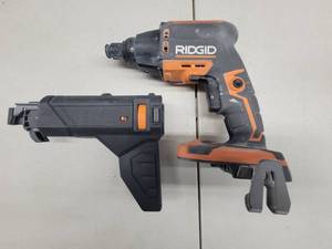 lot 55 image: RIDGID 18-Volt Cordless Brushless Drywall Screwdriver with Collated Attachment (Tool-Only) R86630 - USED, WORKS