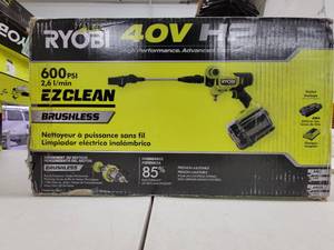lot 83 image: RYOBI 40V HP Brushless EZClean 600 PSI 0.7 GPM Cordless Battery Cold Water Power Cleaner with 2.0 Ah Battery and Charger, NEW, WORKS