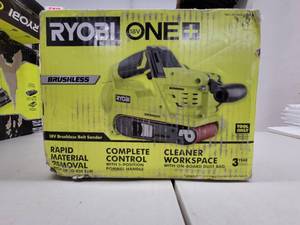 lot 94 image: RYOBI P450 One 18V Lithium Ion 3 x 18 inch Brushless Belt Sander w Dust Bag and Included Sanding Pad (Battery Not Included, Tool Only) - Slightly Used, Works