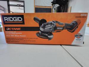 lot 99 image: RIDGID 18-Volt OCTANE Cordless Brushless 4-12 in. Angle Grinder (Tool Only) - MISSING WRENCH, SLIGHTLY USED, WORKS