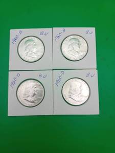 lot 11 image: Four 1960 Ben Franklin Silver Half Dollars