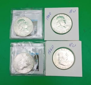 lot 12 image: Four 1960 Ben Franklin Silver Half Dollars