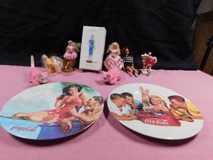 lot 65 image: Hallmark Barbie ornament, Mcdonald Barbies, Coca-Cola plates, M & M ornament and more