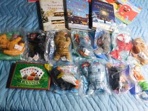 lot 124 image: Box of Mcdonald Beanie Babies, books, game and more