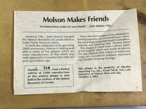 lot 381 image: Vintage Foam Imported Molson Golden Beer Sign Martlet Import Co., Inc.