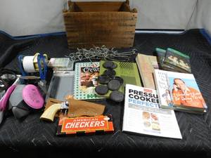 lot 309 image: Vintage spice wood crate full of items